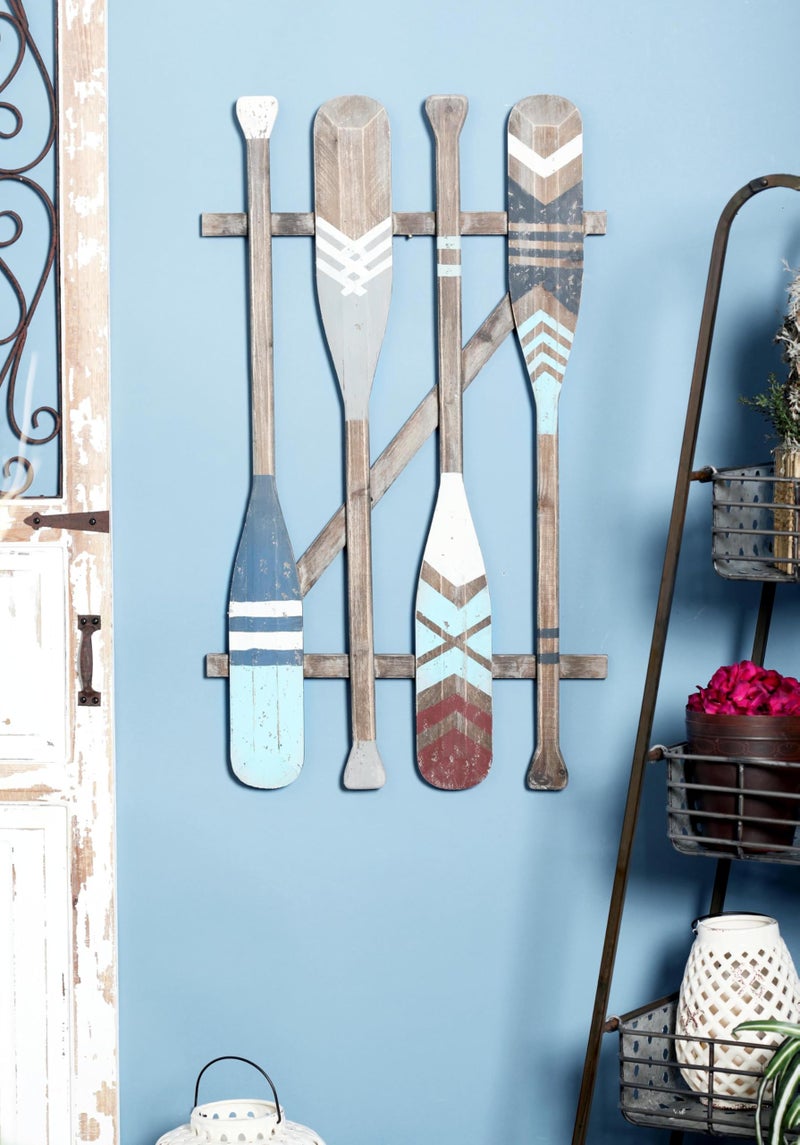 Deco 79 Wood Paddle Home Wall Decor Novelty Canoe Oar Wall Sculpture with Arrow and Stripe Patterns, Wall Art 21" x 2" x 36", Brown - Image 2